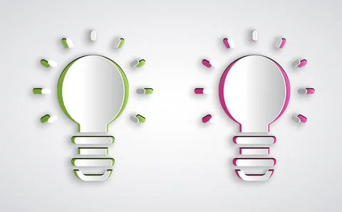 Paper cut Creative lamp light idea icon isolated on grey background. Concept Stock Illustration
