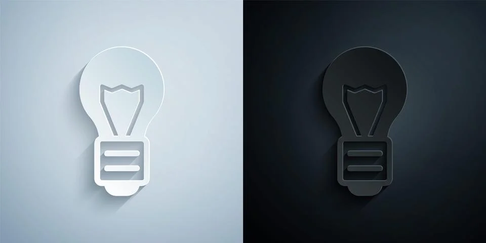 Paper cut Creative lamp light idea icon isolated on grey and black background Stock Illustration