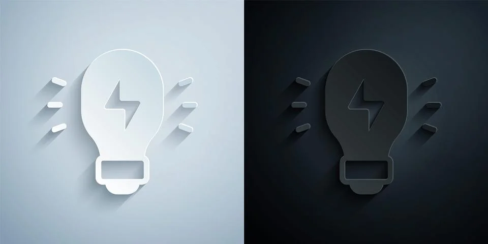 Paper cut Creative lamp light idea icon isolated on grey and black backgrou.. Stock Illustration