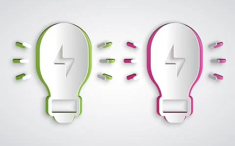 Paper cut Creative lamp light idea icon isolated on grey background. Concep.. Stock Illustration