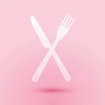 Paper cut Crossed fork and knife icon isolated on pink background. Restaurant Stock Illustration