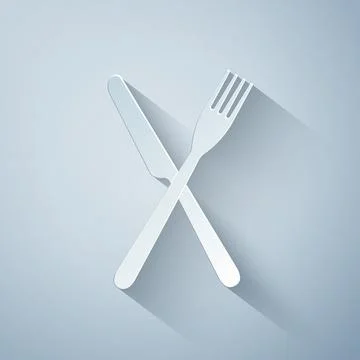 Paper cut Crossed fork and knife icon isolated on grey background. Restaurant Stock Illustration