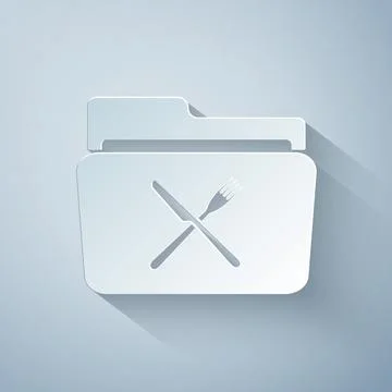 Paper cut Crossed fork and knife over folder icon isolated on grey background Stock Illustration