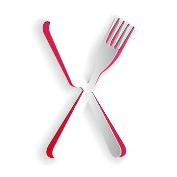 Paper cut Crossed fork and knife icon isolated on white background. Restaurant Stock Illustration