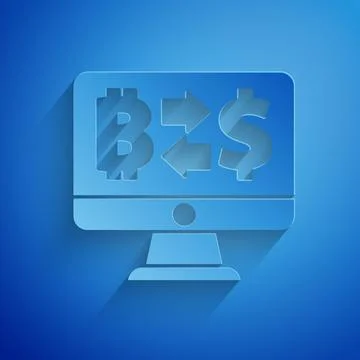 Paper cut Cryptocurrency exchange icon isolated on blue background. Bitcoin t Stock Illustration