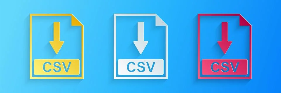 Paper cut CSV file document icon. Download CSV button icon isolated on blue Stock Illustration