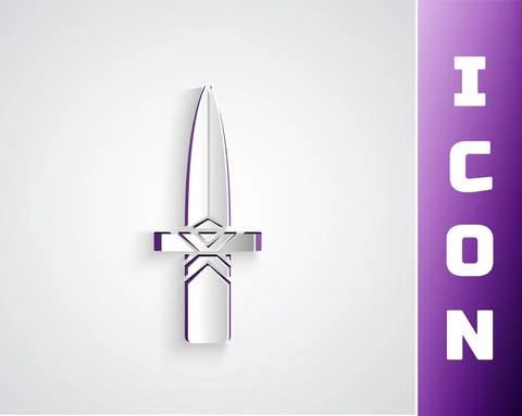 Paper cut Dagger icon isolated on grey background. Knife icon. Sword with sharp Stock Illustration