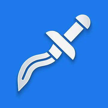 Paper cut Dagger icon isolated on blue background. Knife icon. Sword with sharp Stock Illustration