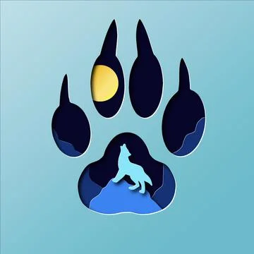 Paper cut deep style wolf trail and night wolf howling at the moon Stock Illustration