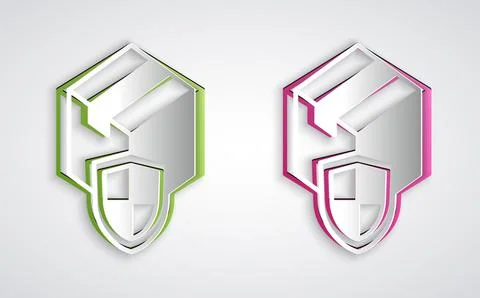 Paper cut Delivery security with shield icon isolated on grey background Illustrazione stock