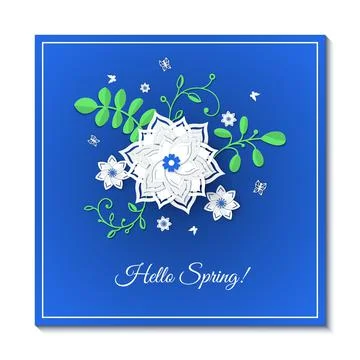 Paper cut design with flower composition on blue sheet. Beautiful background Stock Illustration