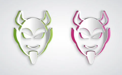 Paper cut Devil head icon isolated on grey background. Happy Halloween party. Illustrazione stock