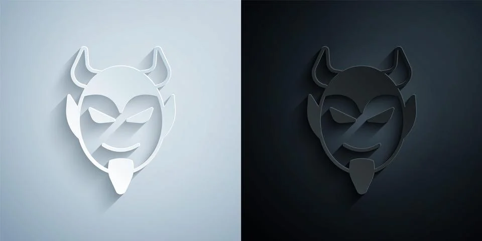Paper cut Devil head icon isolated on grey and black background. Happy Halloween Stockillustratie