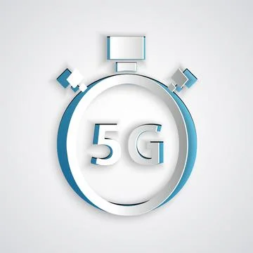 Paper cut Digital speed meter concept with 5G icon isolated on grey background Stock Illustration