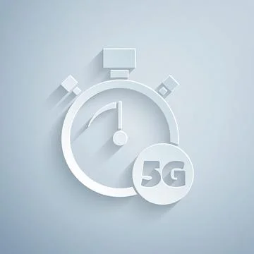 Paper cut Digital speed meter concept with 5G icon isolated on grey background Stock Illustration