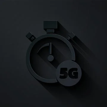 Paper cut Digital speed meter concept with 5G icon isolated on black background Stockillustratie