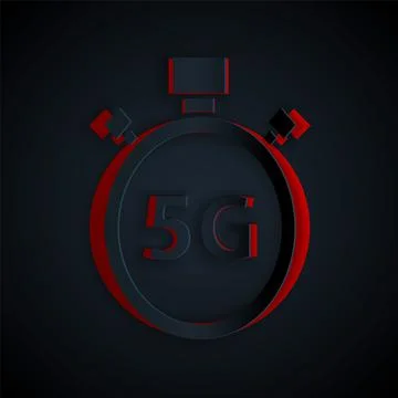 Paper cut Digital speed meter concept with 5G icon isolated on black background Illustrazione stock