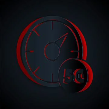 Paper cut Digital speed meter concept with 5G icon isolated on black backgrou Stock Illustration