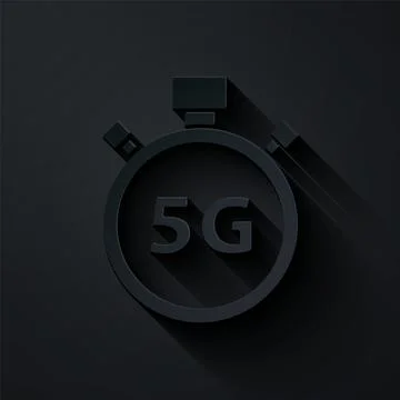 Paper cut Digital speed meter concept with 5G icon isolated on black backgrou Stock Illustration