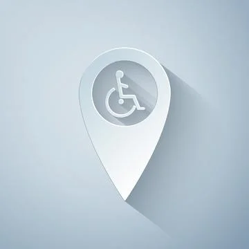 Paper cut Disabled Handicap in map pointer icon isolated on grey background Stock Illustration
