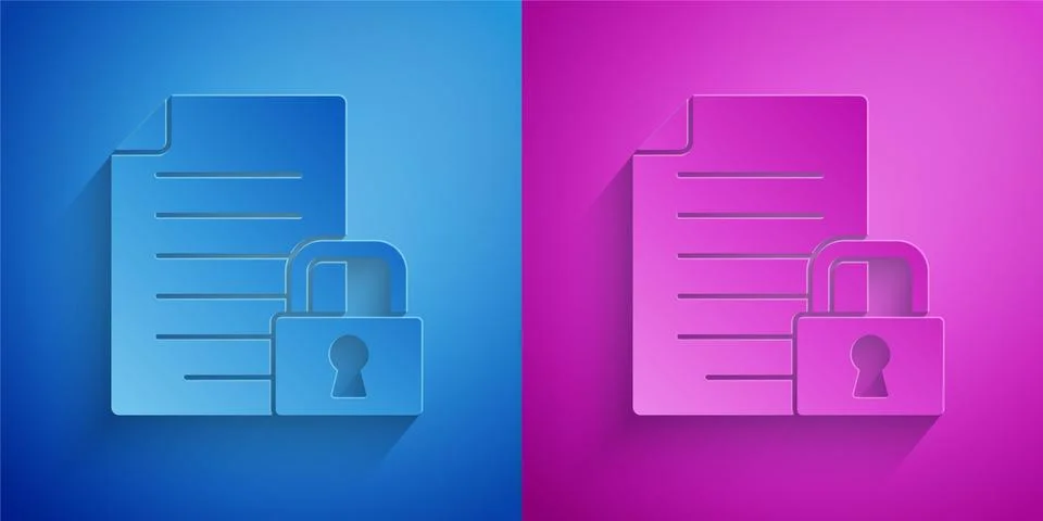 Paper cut Document and lock icon isolated on blue and purple background. File Illustrazione stock