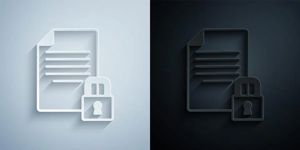 Paper cut Document and lock icon isolated on grey and black background. File Illustrazione stock