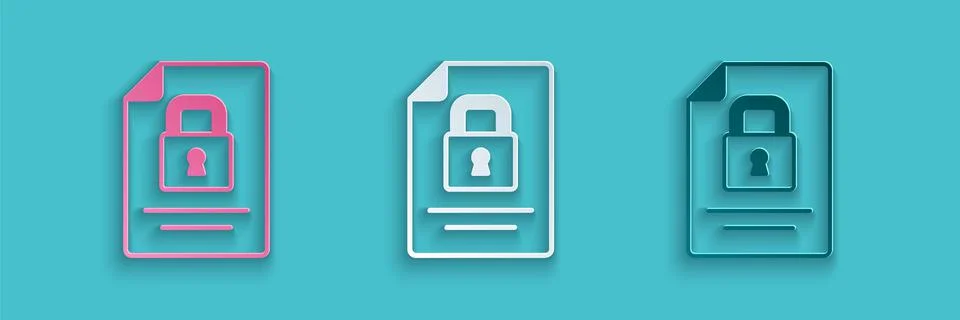 Paper cut Document and lock icon isolated on blue background. File format and Stock Illustration