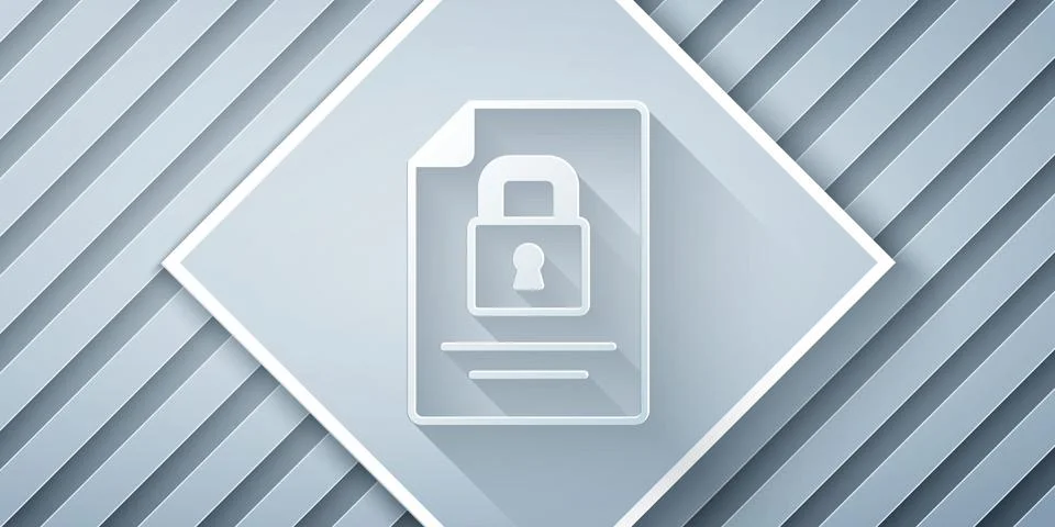 Paper cut Document and lock icon isolated on grey background. File format and Illustrazione stock