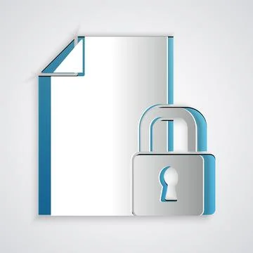 Paper cut Document and lock icon isolated on grey background. File format and Illustrazione stock