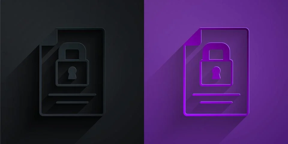 Paper cut Document and lock icon isolated on black on purple background. Fi.. Illustrazione stock