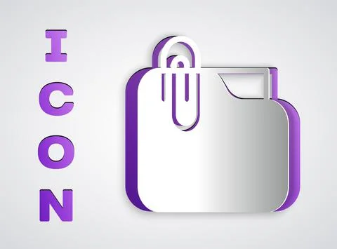 Paper cut Document folder with paper clip icon isolated on grey background Illustrazione stock