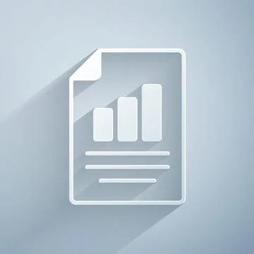 Paper cut Document with graph chart icon isolated on grey background. Report Illustrazione stock