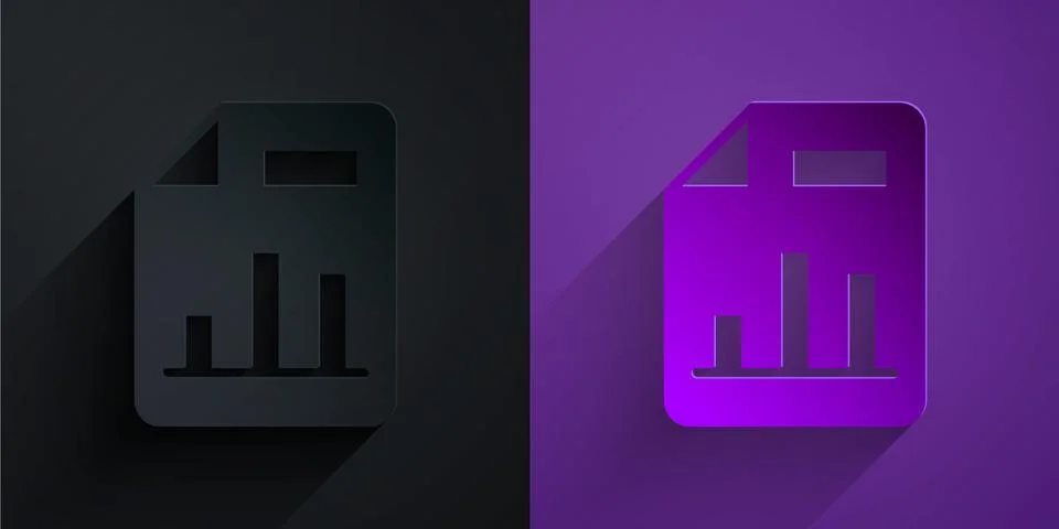 Paper cut Document with graph chart icon isolated on black on purple background Illustrazione stock