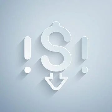 Paper cut Dollar rate decrease icon isolated on grey background. Cost reduction Stockillustratie