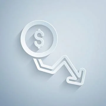 Paper cut Dollar rate decrease icon isolated on grey background. Cost reduction イラスト素材