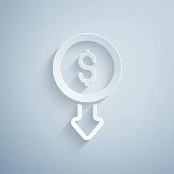 Paper cut Dollar rate decrease icon isolated on grey background. Cost reduction 库存插图