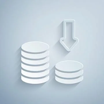 Paper cut Dollar rate decrease icon isolated on grey background. Cost reduction Stockillustratie