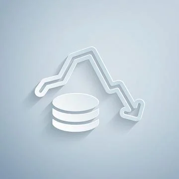 Paper cut Dollar rate decrease icon isolated on grey background. Cost reduction Stock Illustration