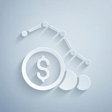 Paper cut Dollar rate decrease icon isolated on grey background. Cost reduction Stockillustratie