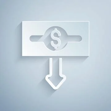 Paper cut Dollar rate decrease icon isolated on grey background. Cost reduction Illustrazione stock