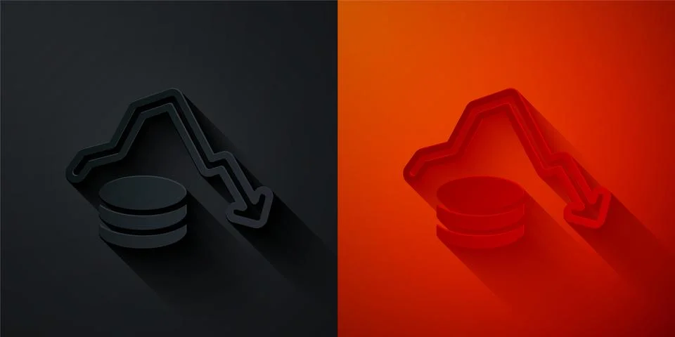 Paper cut Dollar rate decrease icon isolated on black and red background. Cost Stockillustratie