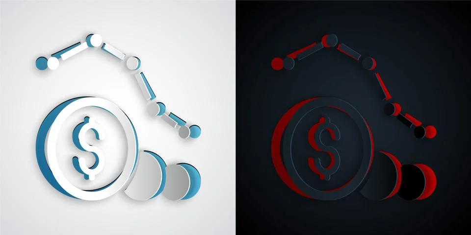 Paper cut Dollar rate decrease icon isolated on grey and black background. Cost 库存插图