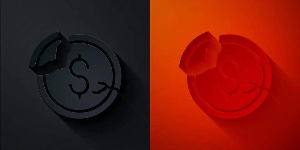 Paper cut Dollar rate decrease icon isolated on black and red background. Cost イラスト素材