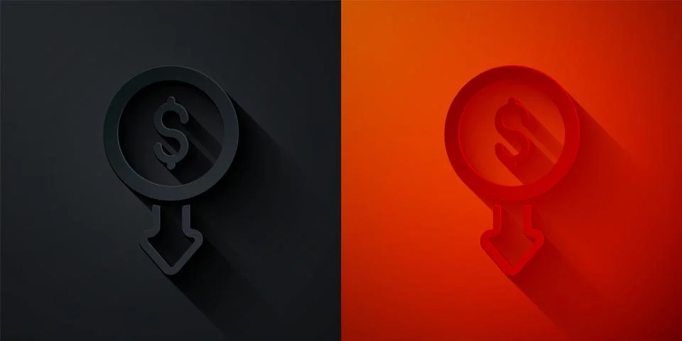 Paper cut Dollar rate decrease icon isolated on black and red background. Cost 库存插图