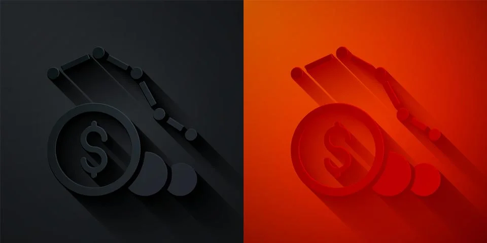 Paper cut Dollar rate decrease icon isolated on black and red background. Cost Illustrazione stock