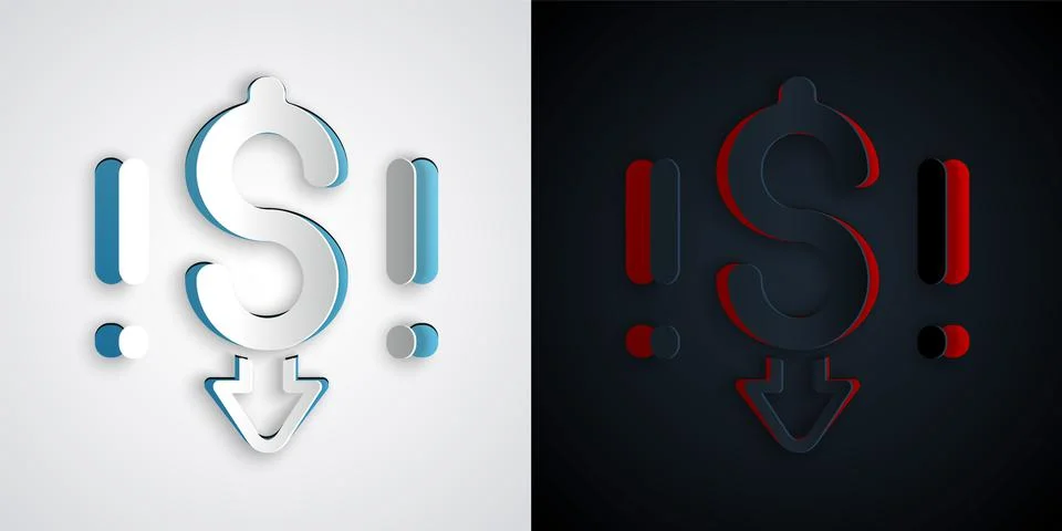 Paper cut Dollar rate decrease icon isolated on grey and black background. Cost Illustrazione stock