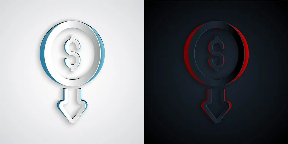 Paper cut Dollar rate decrease icon isolated on grey and black background. Cost Illustrazione stock