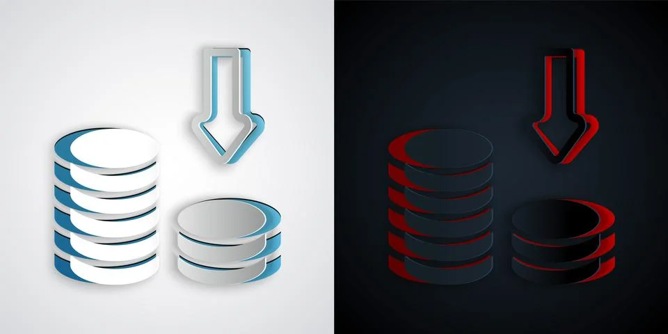 Paper cut Dollar rate decrease icon isolated on grey and black background. Co Illustrazione stock