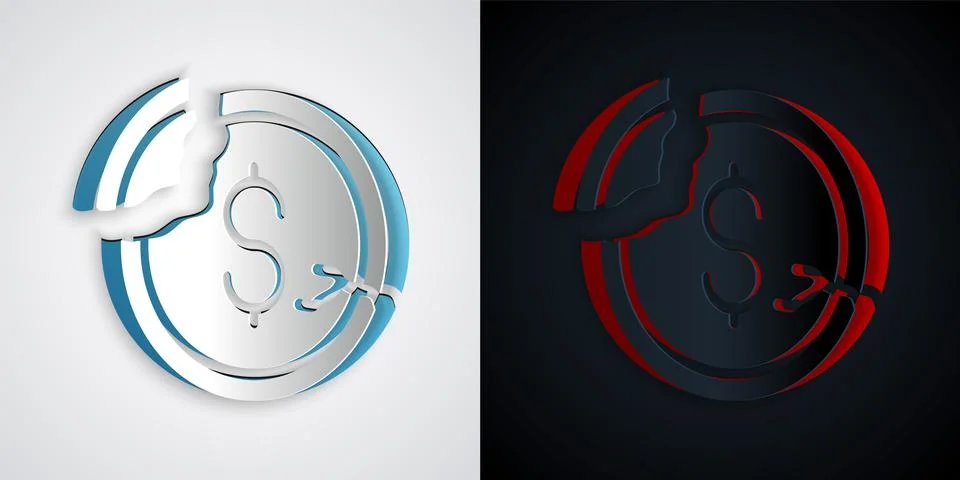 Paper cut Dollar rate decrease icon isolated on grey and black background. Co Stock Illustration