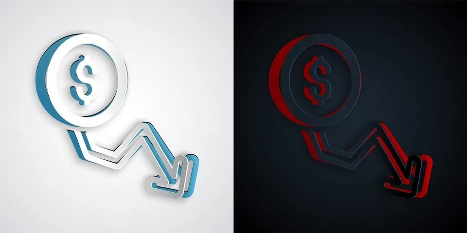Paper cut Dollar rate decrease icon isolated on grey and black background. Cost Stock Illustration
